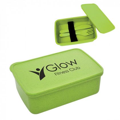 Imprinted Wheat Utensil Lunch Set | Custom Reusable Food Boxes - Lime Green
