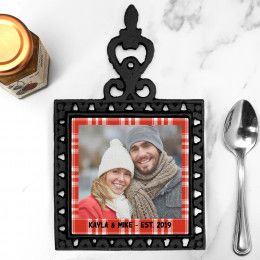Red Plaid Personalized Photo Iron Trivet with Handle