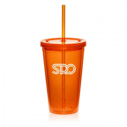 Promotional Double Wall Acrylic Tumbler with Straw - Orange