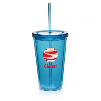 Promotional Double Wall Acrylic Tumbler with Straw - Aqua