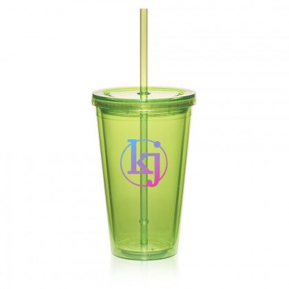 Promotional Double Wall Acrylic Tumbler with Straw - Lime green