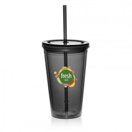 Promotional Double Wall Acrylic Tumbler with Straw - Charcoal