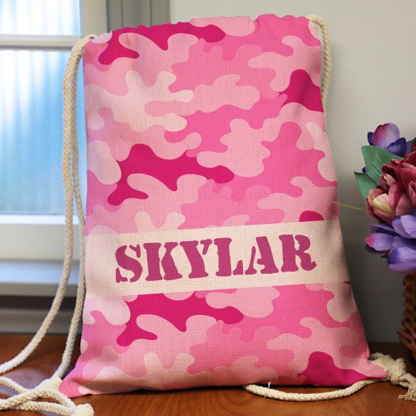 Pink Camouflage Personalized Drawstring Backpack