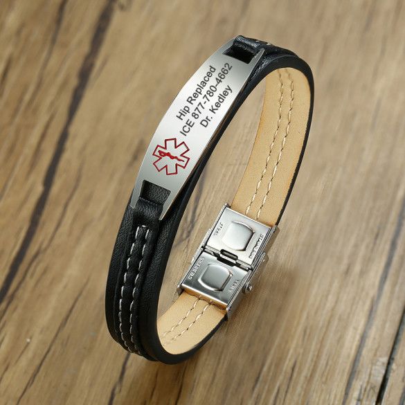 Personalized Oval Medical ID Alert Bracelet with Leather Strap | Medical ID Bracelet for Her