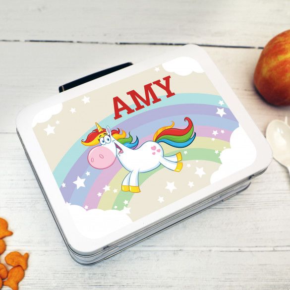 Girls Cute Pink Unicorn Rainbow Personalized Metal Lunch Box