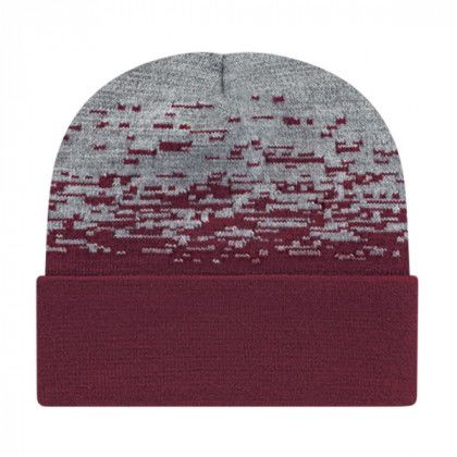 Embroidered Cuffed Static Pattern Knit Cap Maroon Heather