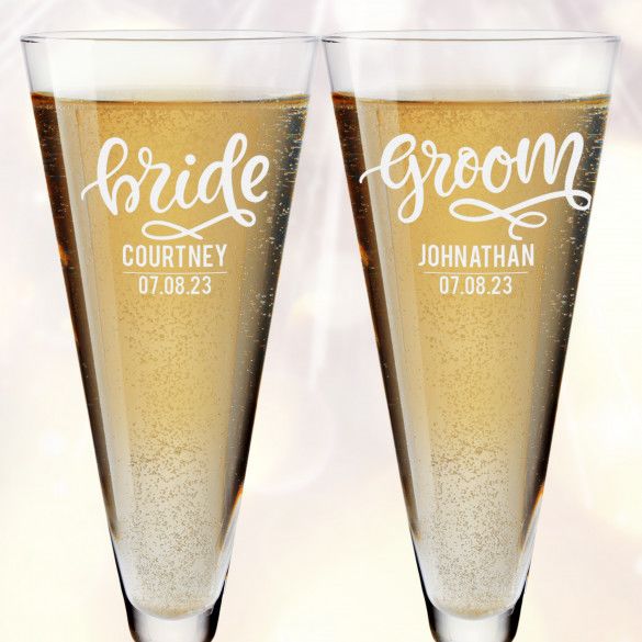 Engraved Trumpet Champagne Flutes For Bride and Groom