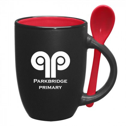 Imprinted Spooner Mug with Mug Cake Set - Matte Black/red