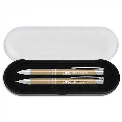 Corporate Pen & Pencil Gifts | Triple Classic Pen & Pencil Set | Laser Engraved Pen & Pencil Gift Sets - Champagne