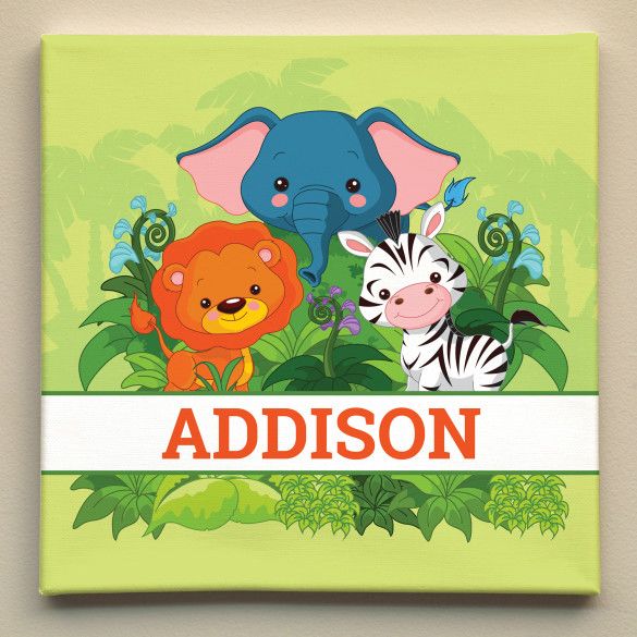 Jungle Safari Wall Art | Custom Name Canvas for Baby