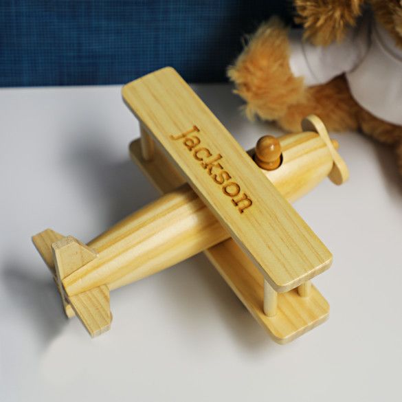 Engraved Wooden Toy Bi-Wing Airplane