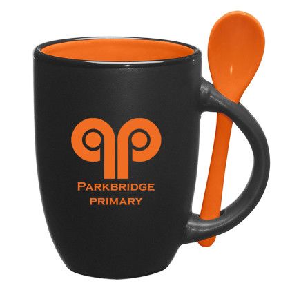 Imprinted Spooner Mug with Mug Cake Set - Matte Black with orange