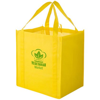 Yellow Large Heavy Duty Non-Woven Grocery Bag with Poly Board Insert - 13 x 15 x 10