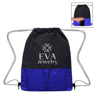 Flip Sequin Drawstring Bag Imprinted Black with Blue