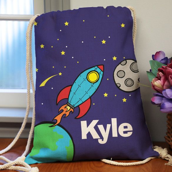 Rocket To The Moon Personalized Drawstring Backpack