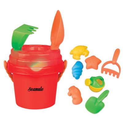 Printed Mini Sand Pail with Toys and Lid - Red