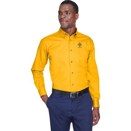 Sunray Yellow Harriton Men's Stain Release Logo Twill Shirt | Embroidered Dress Shirts