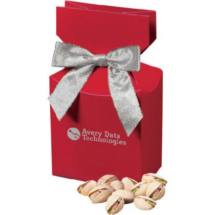 Custom Pistachio Gifts | Jumbo California Pistachios in Red Gift Box | Custom Logo Printed Pistachio Bags in Bulk - Silver Bow