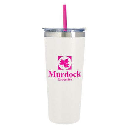 Customized Colma Basics Tumbler - 24 oz - White with Fuchsia Straw