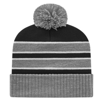 Embroidered Double Stripe Knit Cap with Ribbed Cuff Black Heather White