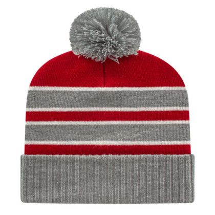 Embroidered Double Stripe Knit Cap with Ribbed Cuff Red Heather White