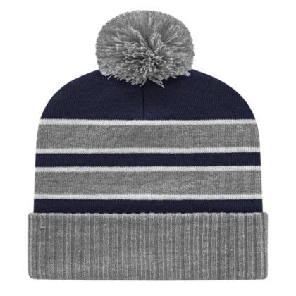 Embroidered Double Stripe Knit Cap with Ribbed Cuff Navy Heather White