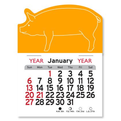 Marigold Peel-N-Stick™ Pig Calendar | Wholesale Animal Shaped Mini Calendars | Low Cost Custom Shaped Peel-N-Stick Calendars