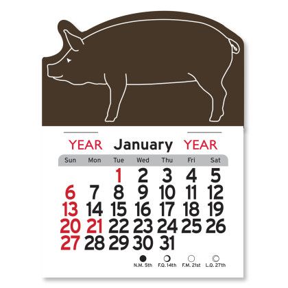 Brown Peel-N-Stick™ Pig Calendar | Wholesale Animal Shaped Mini Calendars | Low Cost Custom Shaped Peel-N-Stick Calendars