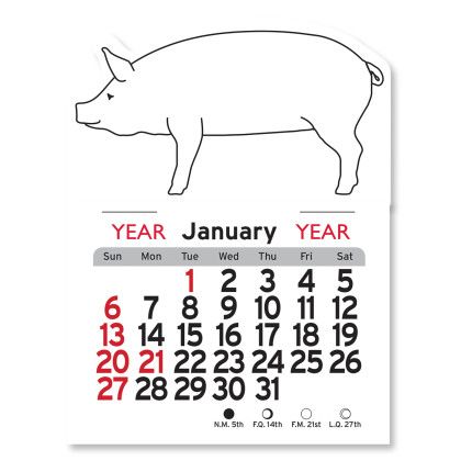 White Peel-N-Stick™ Pig Calendar | Wholesale Animal Shaped Mini Calendars | Low Cost Custom Shaped Peel-N-Stick Calendars