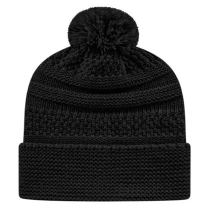 Cable Knit Hat with Embroidery Black