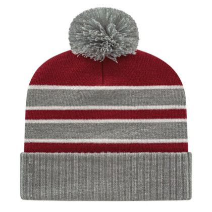 Embroidered Double Stripe Knit Cap with Ribbed Cuff Maroon Heather White