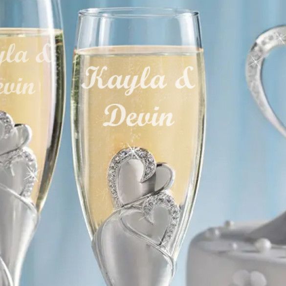 Personalized Silver Hearts Champagne Flutes