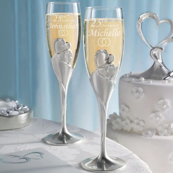 Anniversary Celebration Joined Hearts Silver Champagne Flutes - Set of 2