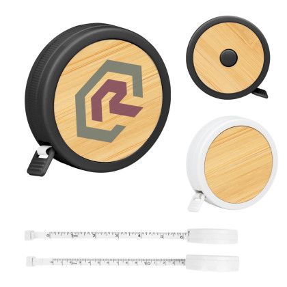 Logo Imprinted Bamboo Tape Measure - Front, Back, Tape Views