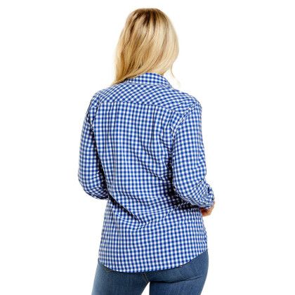 Back of True Blue Promo Women's Influencer Gingham Eco Dress Shirt