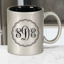 Personalized Silver Coffee Mug with Script Monogram - 11oz