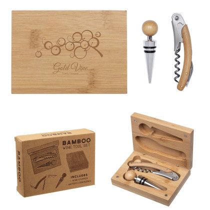 Logo Imprinted Bamboo Wine Tool Set | Custom Wine Opener Sets