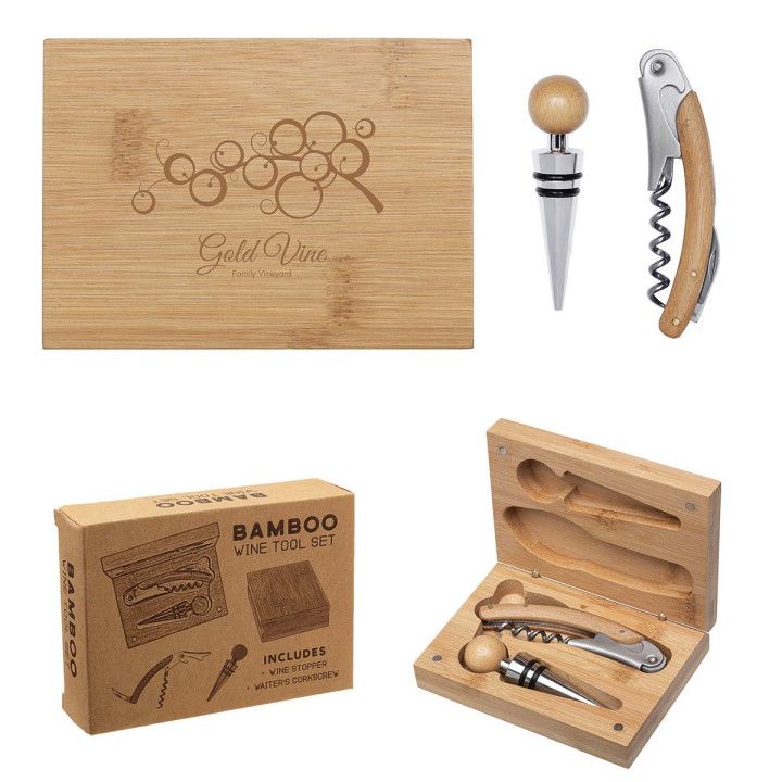 Logo Imprinted Bamboo Wine Tool Set Custom Wine Opener Sets