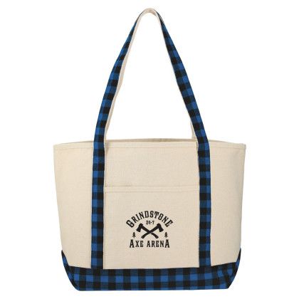 Logo Buffalo Plaid 18oz Cotton Boat Tote - Blue