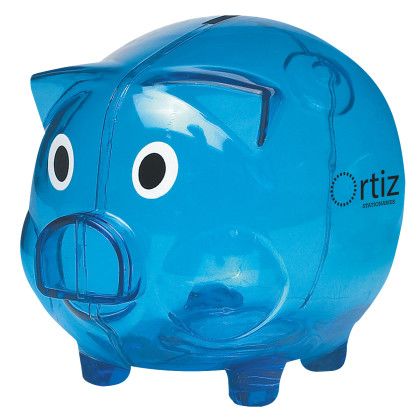 Blue Plastic Piggy Bank Promotional Custom Imprinted With Logo