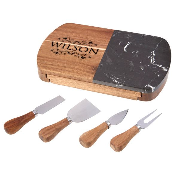 Personalized Vine Design Black Marble Cheeseboard Set - Cheese Tools