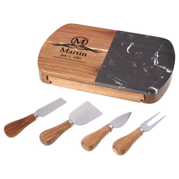 Engraved Family Name Black Marble Cheeseboard Set - Cheese Tools