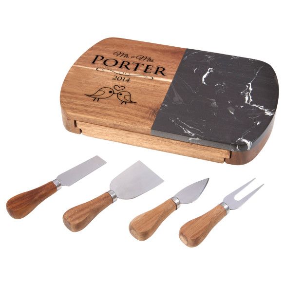 Lovebirds Black Marble Cheeseboard Set - Cheese Tools