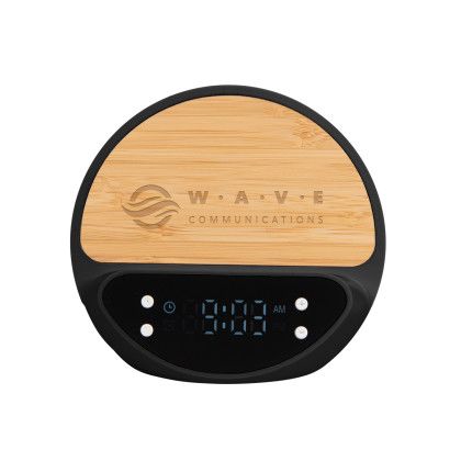 Black Logo Engraved 10W Bamboo Wireless Charger with Digital Clock | Corporate Gifts