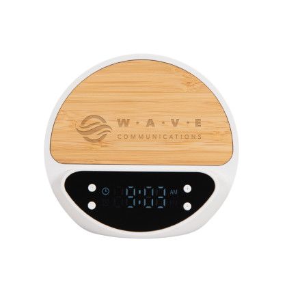 White Logo Engraved 10W Bamboo Wireless Charger with Digital Clock | Corporate Gifts