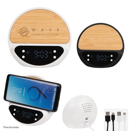 Logo Engraved 10W Bamboo Wireless Charger with Digital Clock