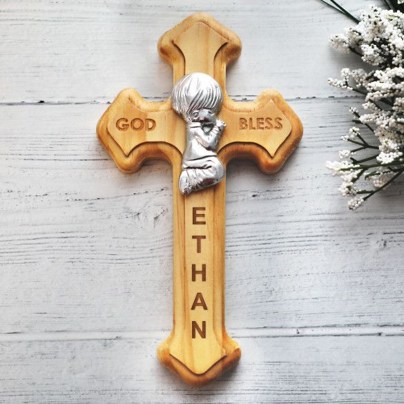 Praying Boy Personalized Wood Cross