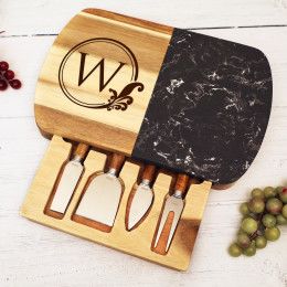 Personalized Black Marble Cheese Board With Initial