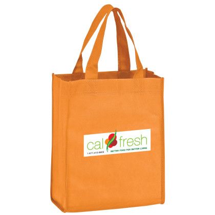 Full-Color Logo Recession Buster 8 x 10 x 5 Tote Bag - Orange | Non-Woven Totes Full-Color Logo Recession Buster 8 x 10 x 5 Tote Bag - Orange | Non-Woven Totes