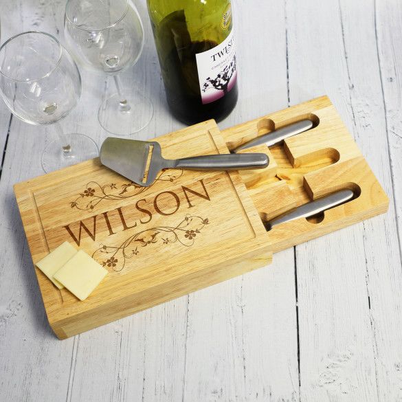 Custom Engraved Vine Design Cheese Board Set